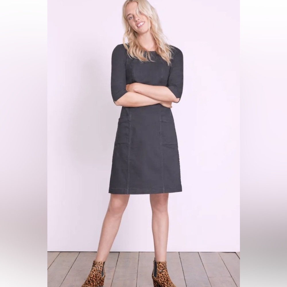 Boden Sophisticated Charcoal Black Denim 1/4 Sleeve Dress